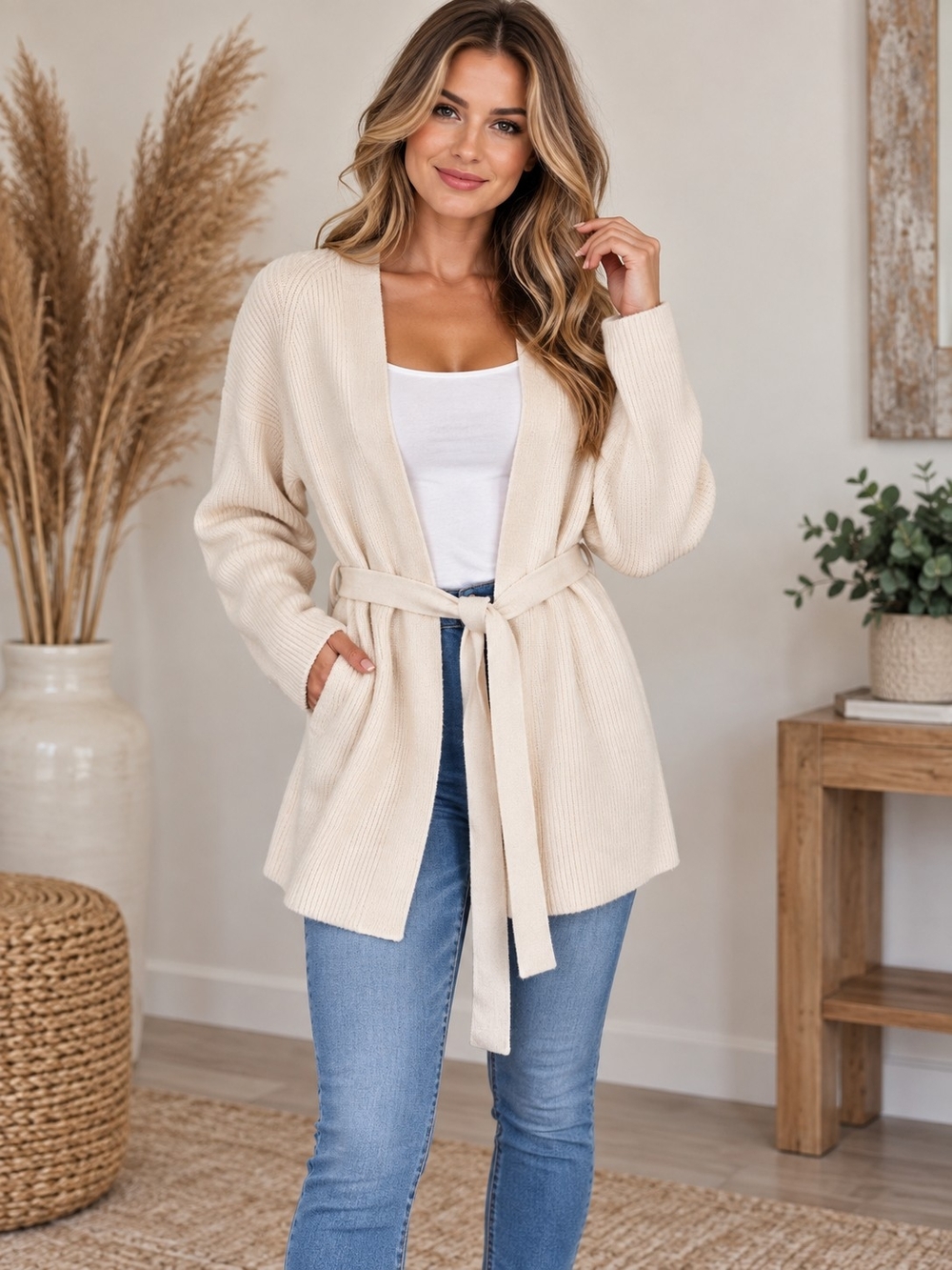 A200. Story On Tie Waist Cardigan Cream Large NWOT